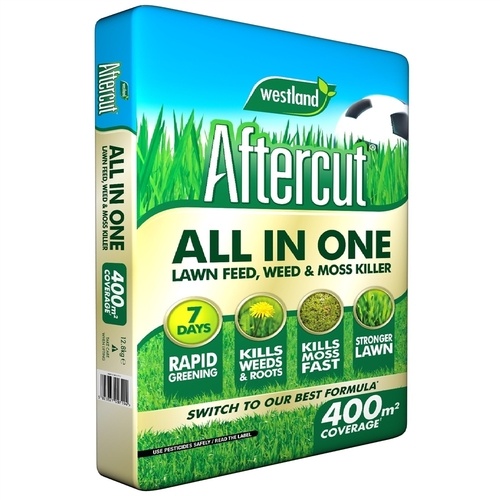 Westland Aftercut All in One Lawn Feed, Weed and Moss Killer package in green and yellow, featuring a soccer ball graphic, and highlights benefits like rapid greening and 400 sqm coverage.