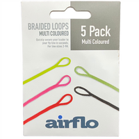 Airflo 5 pack multicoloured braided loops in neon green, pink, orange, black, and lime on white packaging.