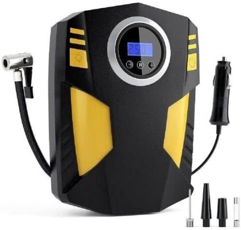 Portable black and yellow digital air compressor with LED display, featuring a power button, pressure gauge, and three nozzle attachments for inflating car tyres.