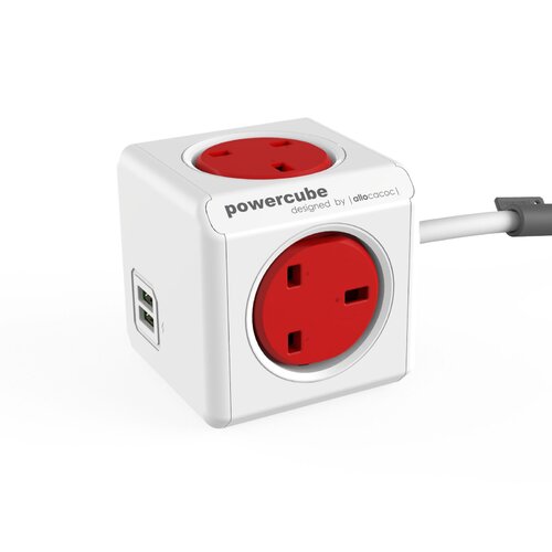 Red and white cube-shaped power adapter with four UK sockets and two USB ports, featuring a 1.5-meter extension lead for versatile connectivity.
