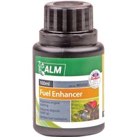 ALM Fuel Enhancer bottle, black with green label, 100ml, for 2 and 4 stroke engines, features UK flag emblem.