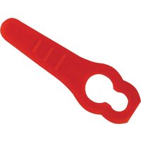 Red ALM plastic lawnmower blade for Qualcast MEH29, featuring a flat, elongated shape with a circular attachment hole.