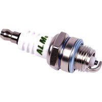 White and silver ALM RCJ7Y spark plug with ribbed insulator and threaded metal base.