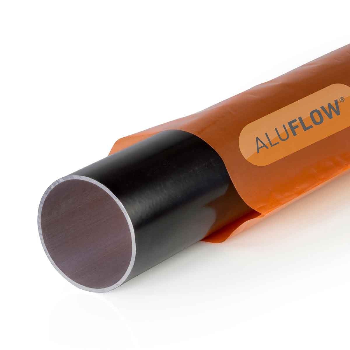 4-meter black aluminum downpipe with a smooth finish, featuring a clear label reading "ALUFLow" in orange, showcasing its durable material and sleek design.