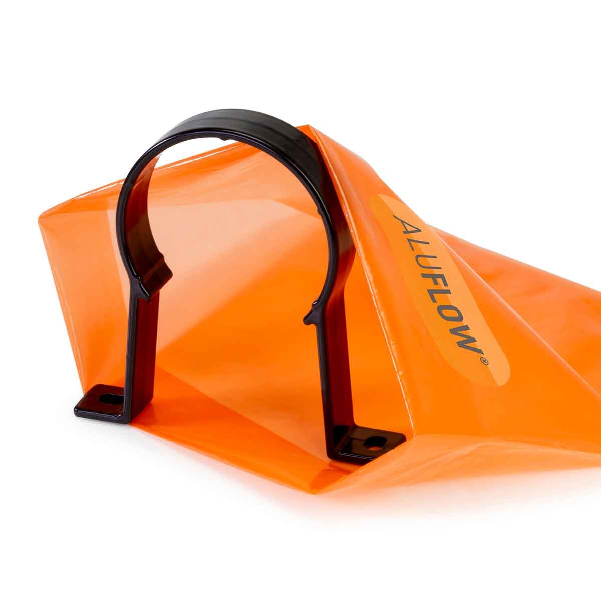 Black Aluflow downpipe bracket made of durable material, featuring a circular clamp design and mounted on a bright orange support structure.