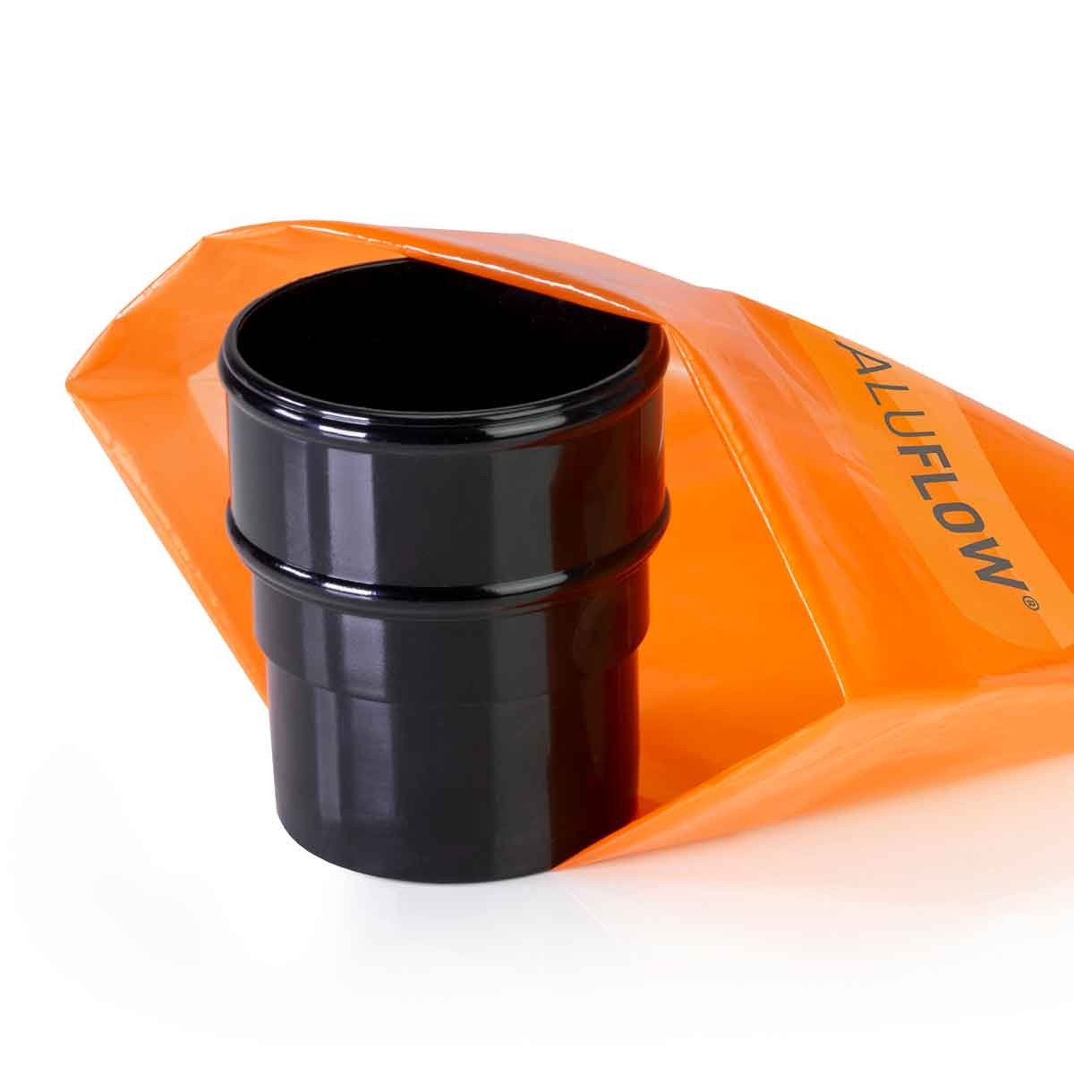 Black Aluflow downpipe connector made of durable plastic, featuring a smooth finish and a compact design, packaged in an orange bag with the Aluflow logo.