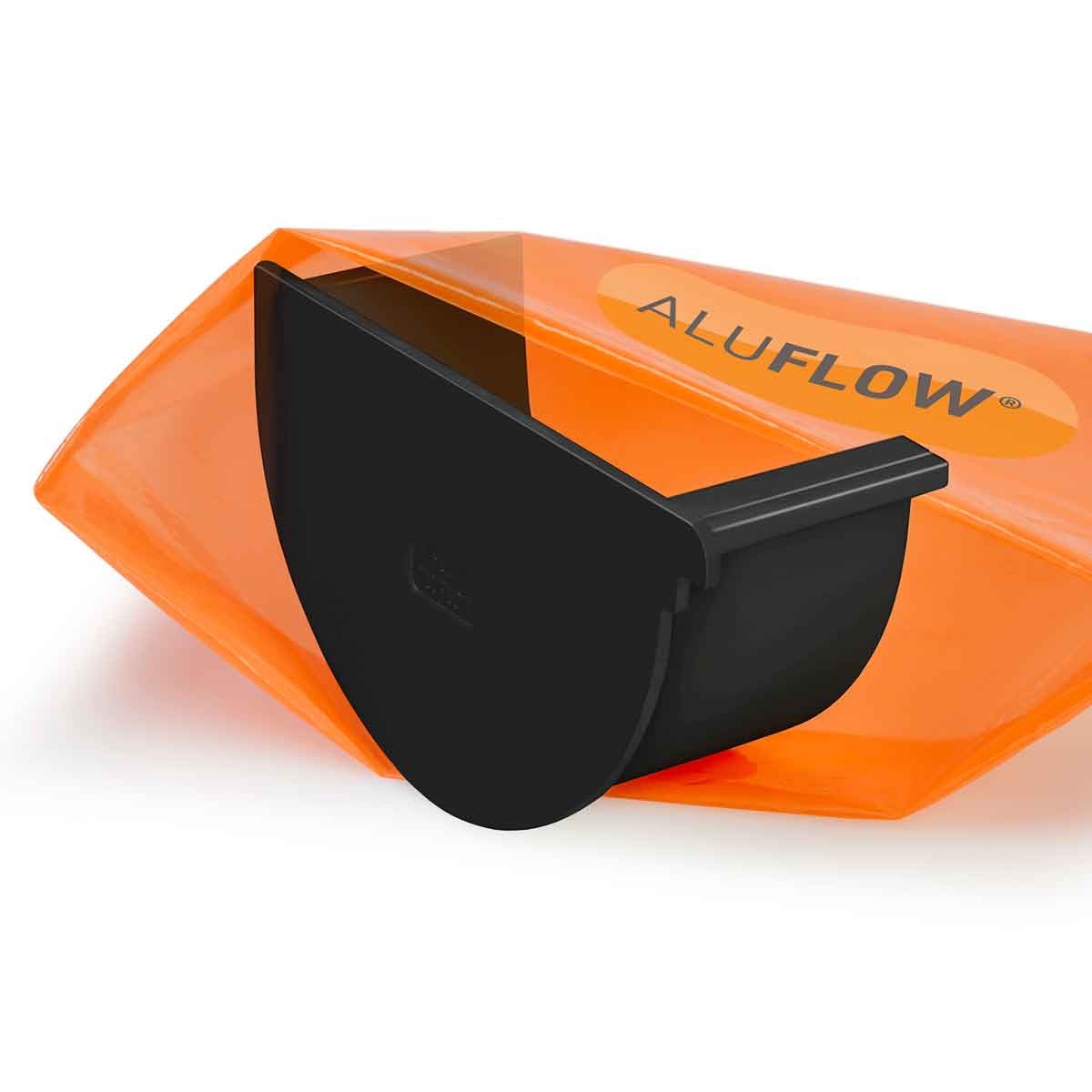 Black deep flow left-hand stopend gutter made of durable material, featuring a sleek design with the "Aluflow" logo prominently displayed in orange.