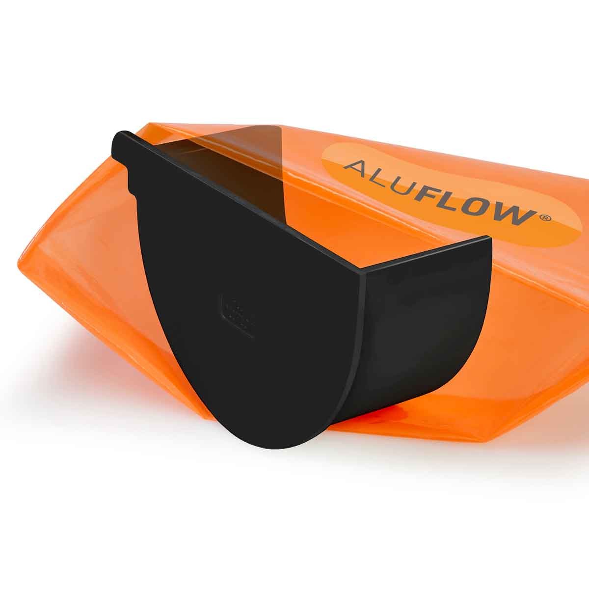 Black deep flow stopend gutter made of durable material, featuring a smooth finish and a curved design, labeled with "ALUFLOW" in orange.