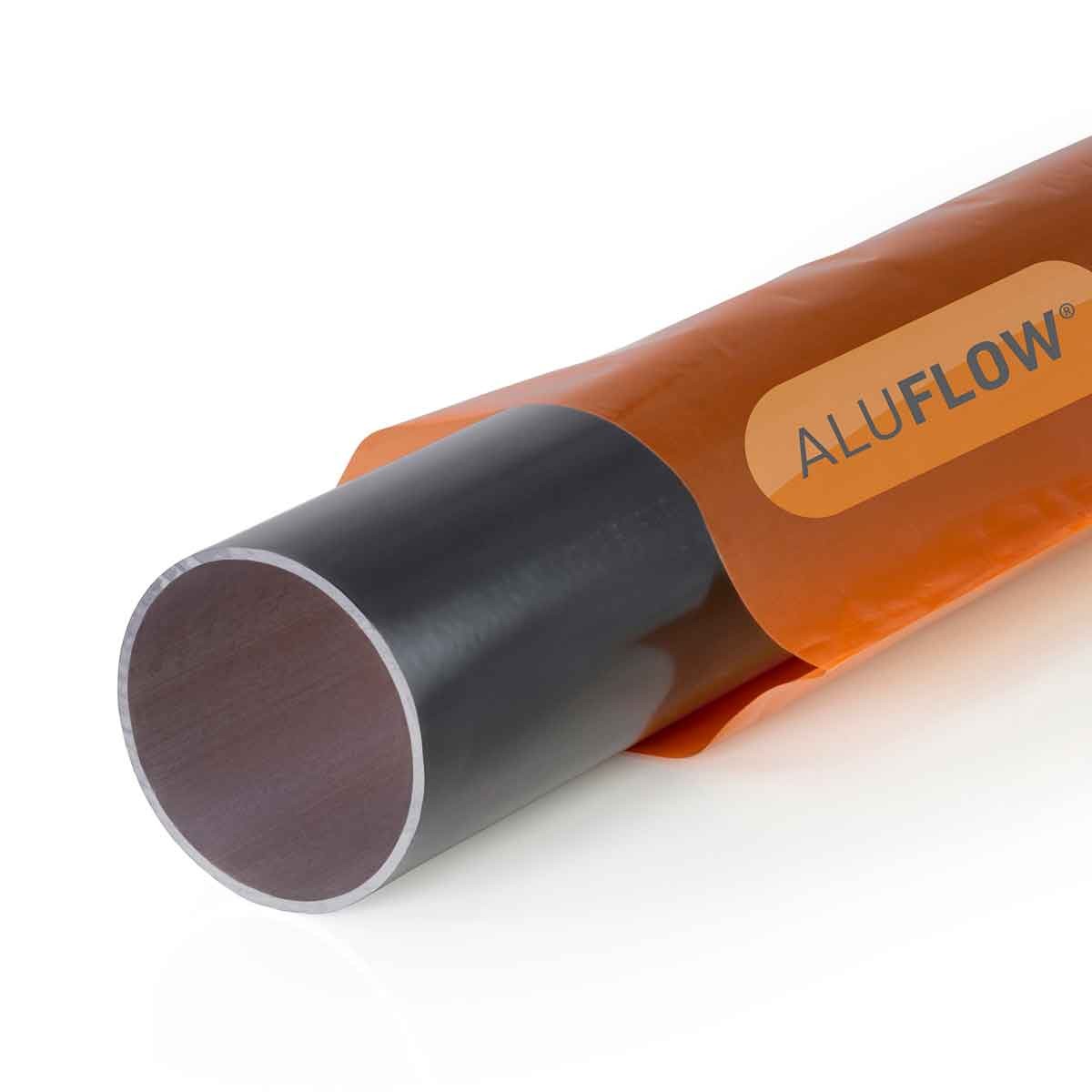 Aluflow downpipe in grey, 4 meters long, made of durable aluminum, featuring a smooth, cylindrical design with a visible orange label.