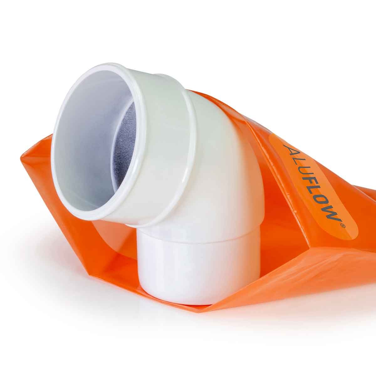 White Aluflow downpipe offset bend with a smooth finish, featuring a 112mm diameter and made from durable plastic, presented in an orange packaging.