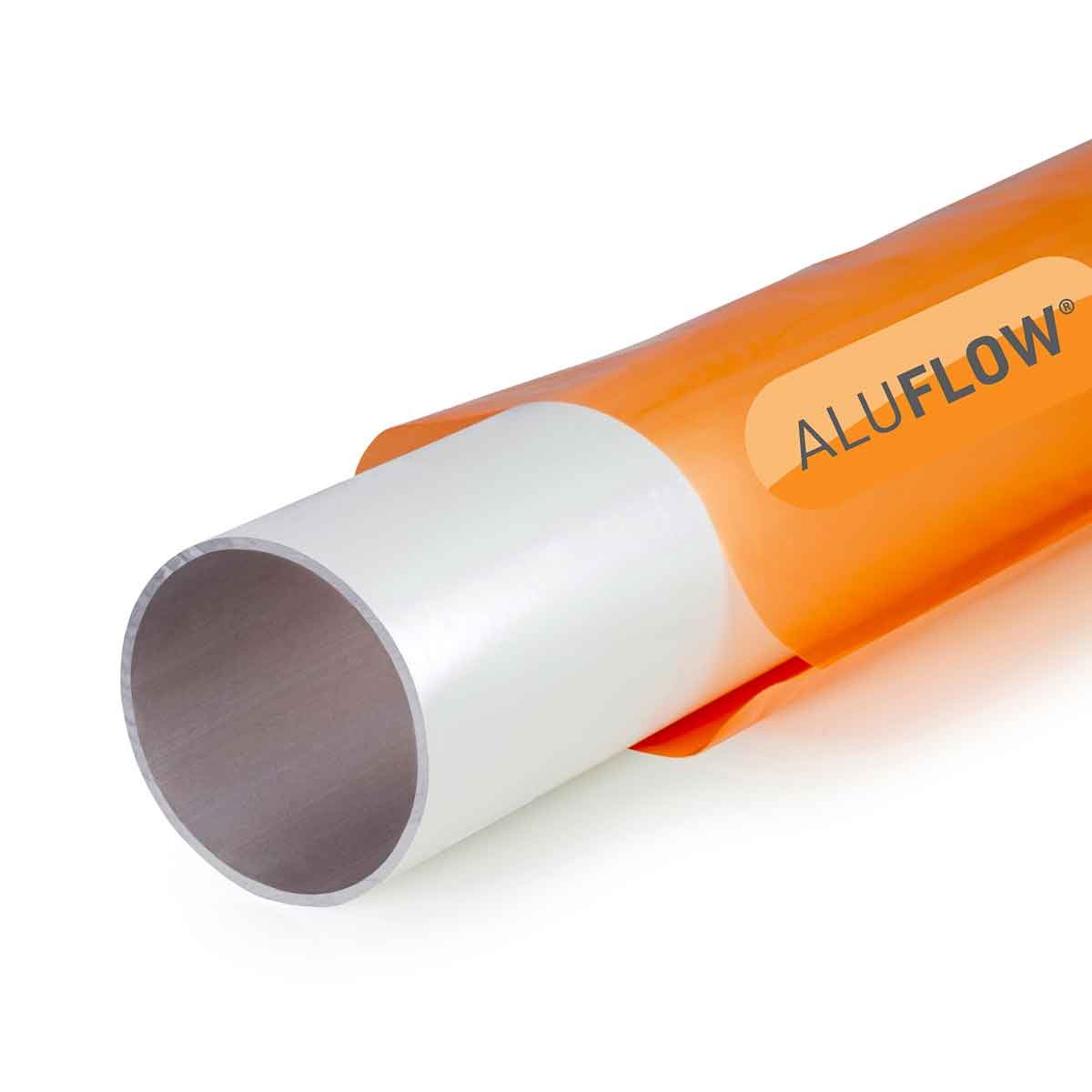White 2.5M downpipe made of aluminum with a smooth finish, featuring a visible orange branding label that reads "ALUFLOW."