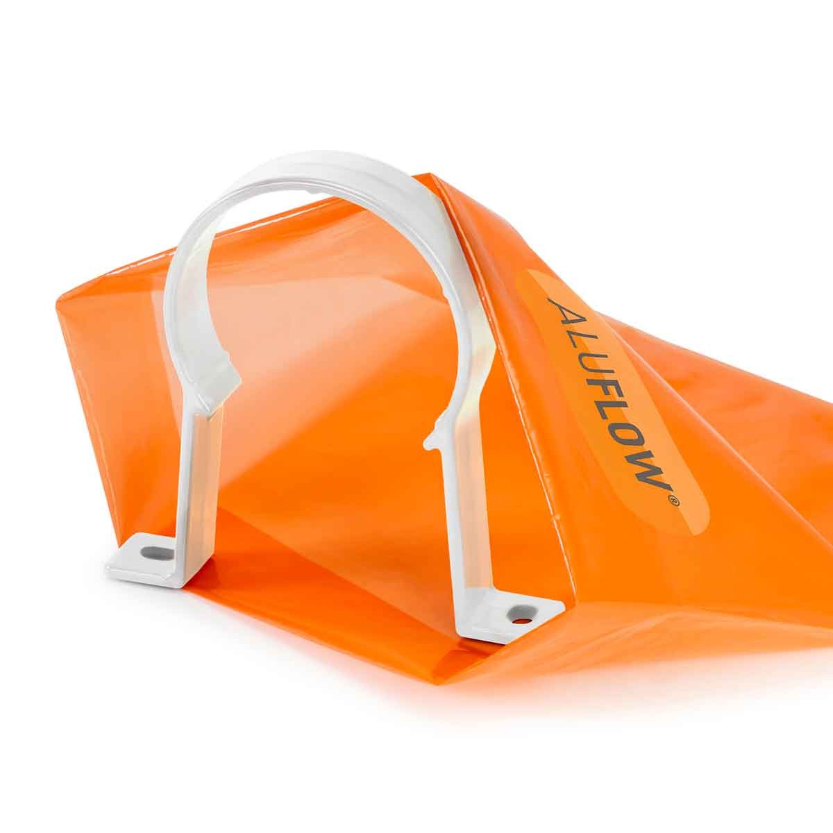 White Aluflow downpipe bracket made of durable plastic, featuring a curved design and mounting holes, positioned against an orange background.