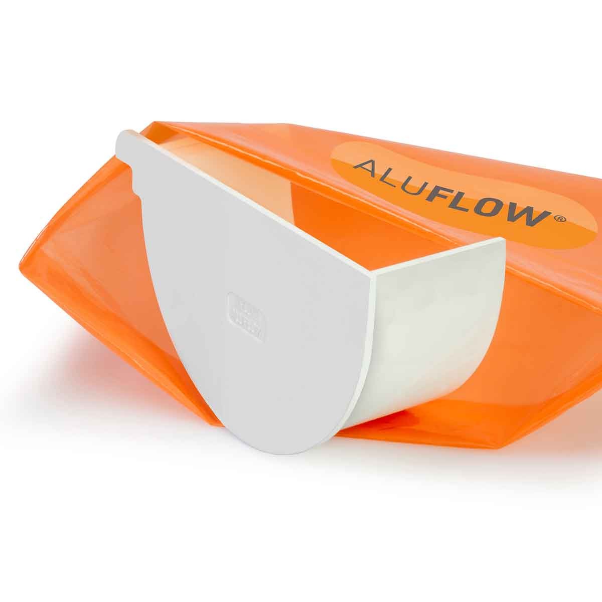 White deep flow stopend gutter piece made of durable plastic, featuring a smooth finish and a curved design, labeled with the Aluflow brand logo.