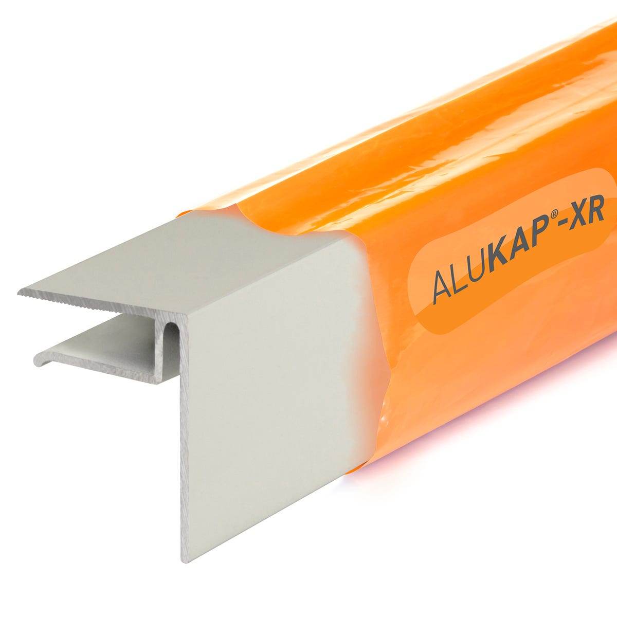10mm End Stop Bar in white, measuring 2.4M, made of durable aluminum with a smooth finish, featuring a protective orange film and the "ALUKAP-XR" logo.