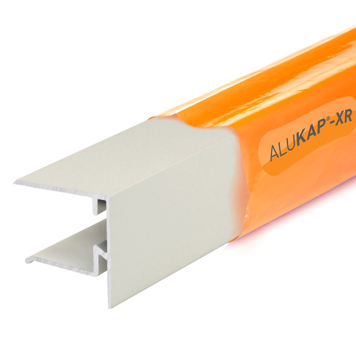 25mm white end stop bar measuring 2.4M, made of durable material, featuring a sleek design with a smooth finish and an orange protective film.