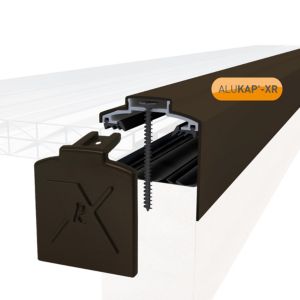 Brown 60mm Alukap-XR gable bar, 3000mm long, featuring an end cap and a 55mm rafter gasket, designed for secure roofing applications.