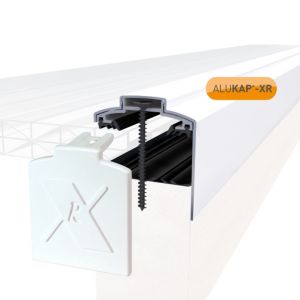 White Alukap-XR gable bar with a 60mm profile, 4800mm length, featuring an end cap and a 55mm rafter gasket, designed for durable outdoor use.