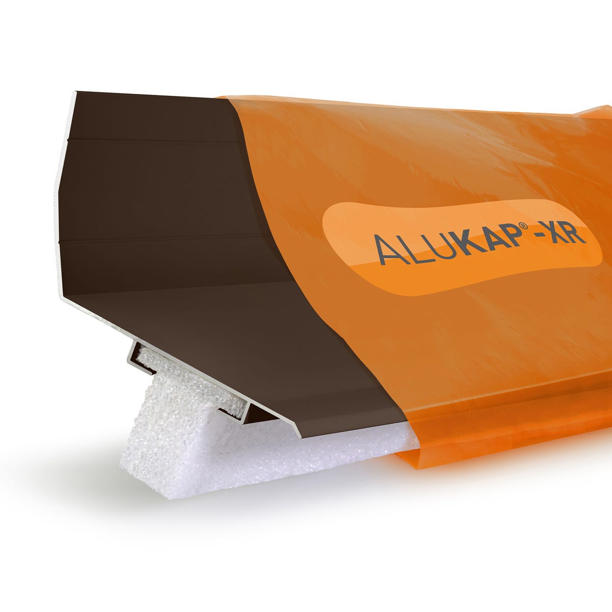 Alukap-xr Top Wall Flashing in brown, measuring 2.4M, features a sleek design with a durable material and a white foam backing for effective sealing and insulation.