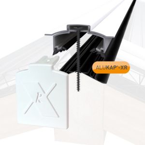 White Alukap-XR hip bar with a 3000mm length, featuring a black rafter gasket and an end cap, designed for durable roofing applications.