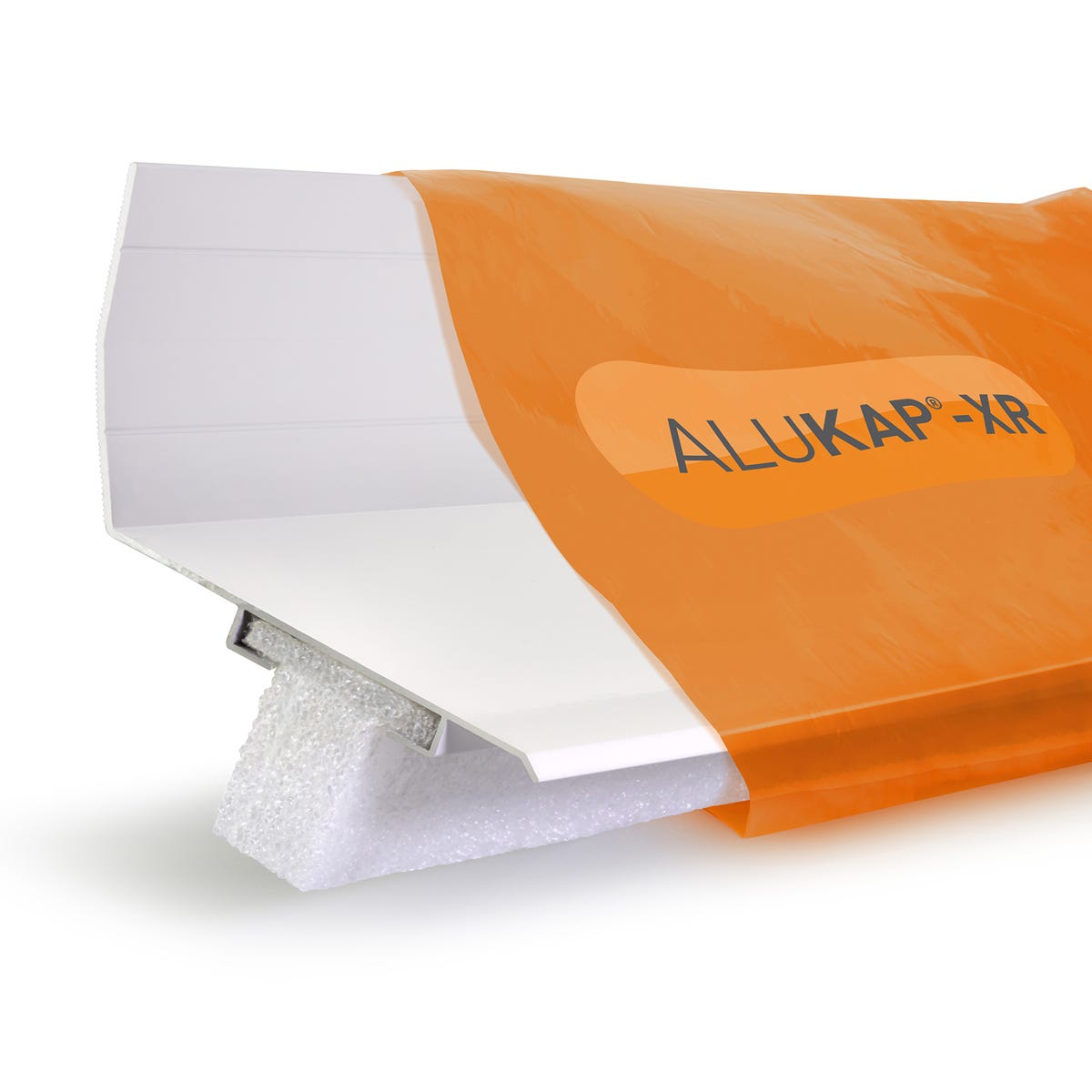 Alukap-xr Top Wall Flashing in white, measuring 2.0M, featuring a sleek design with a smooth surface and a protective orange packaging.