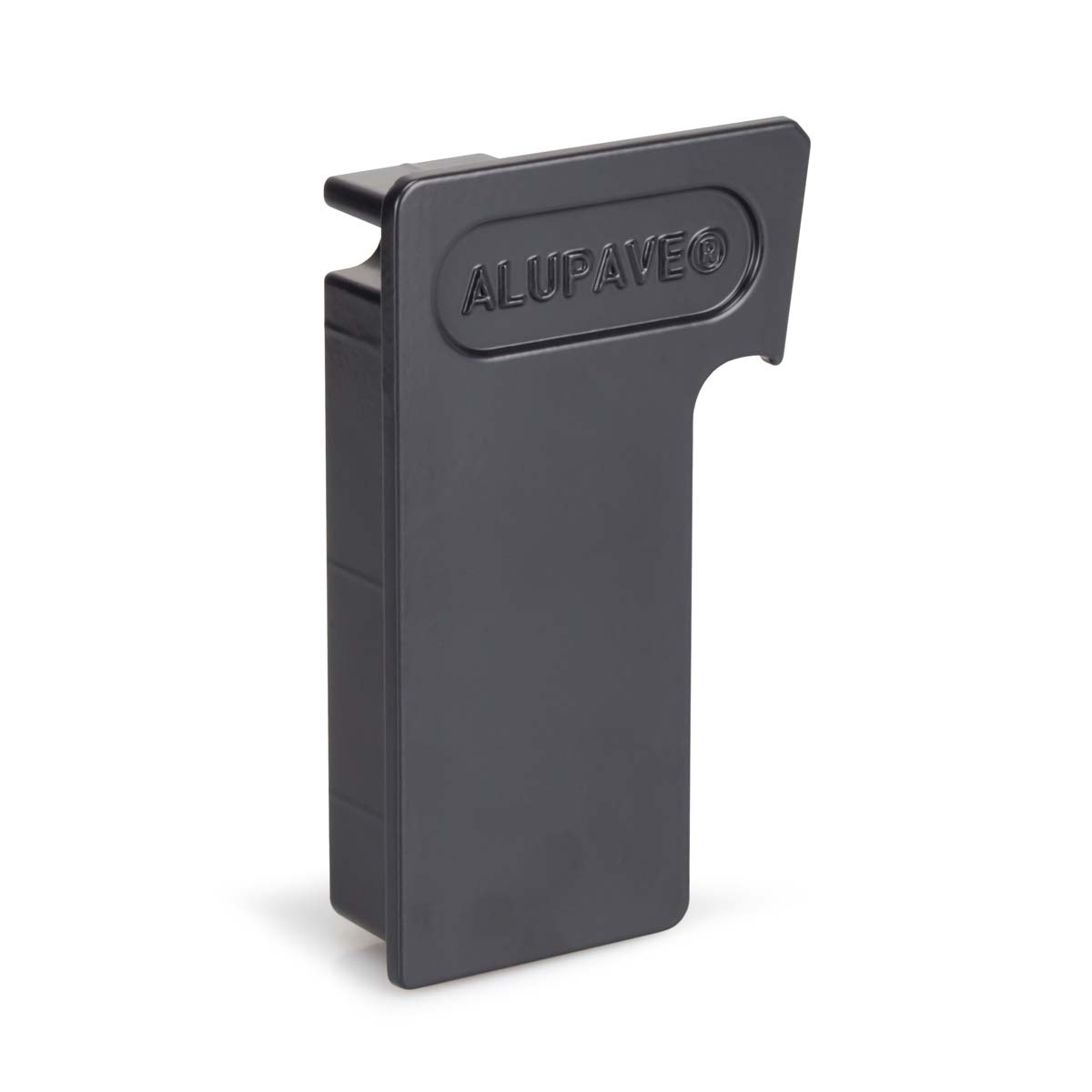 Left-hand grey gutter endcap made of durable plastic, featuring the embossed "ALUPAVE" logo on the side, designed for seamless installation in gutter systems.