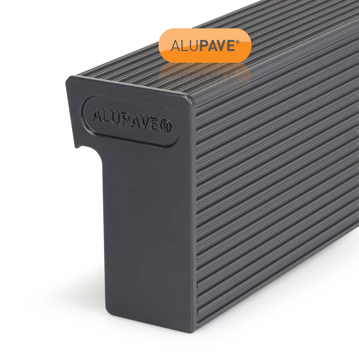 Grey Alupave gutter endcap with a ribbed texture, featuring a cut-out for fitting, made from durable material, branded with the Alupave logo.