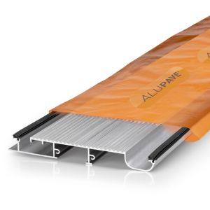 Alupave Fireproof Full-Seal Flat Roof and Decking Board in orange packaging, featuring a metallic silver board with a grooved surface and black sealing edges, measuring 3m in length.