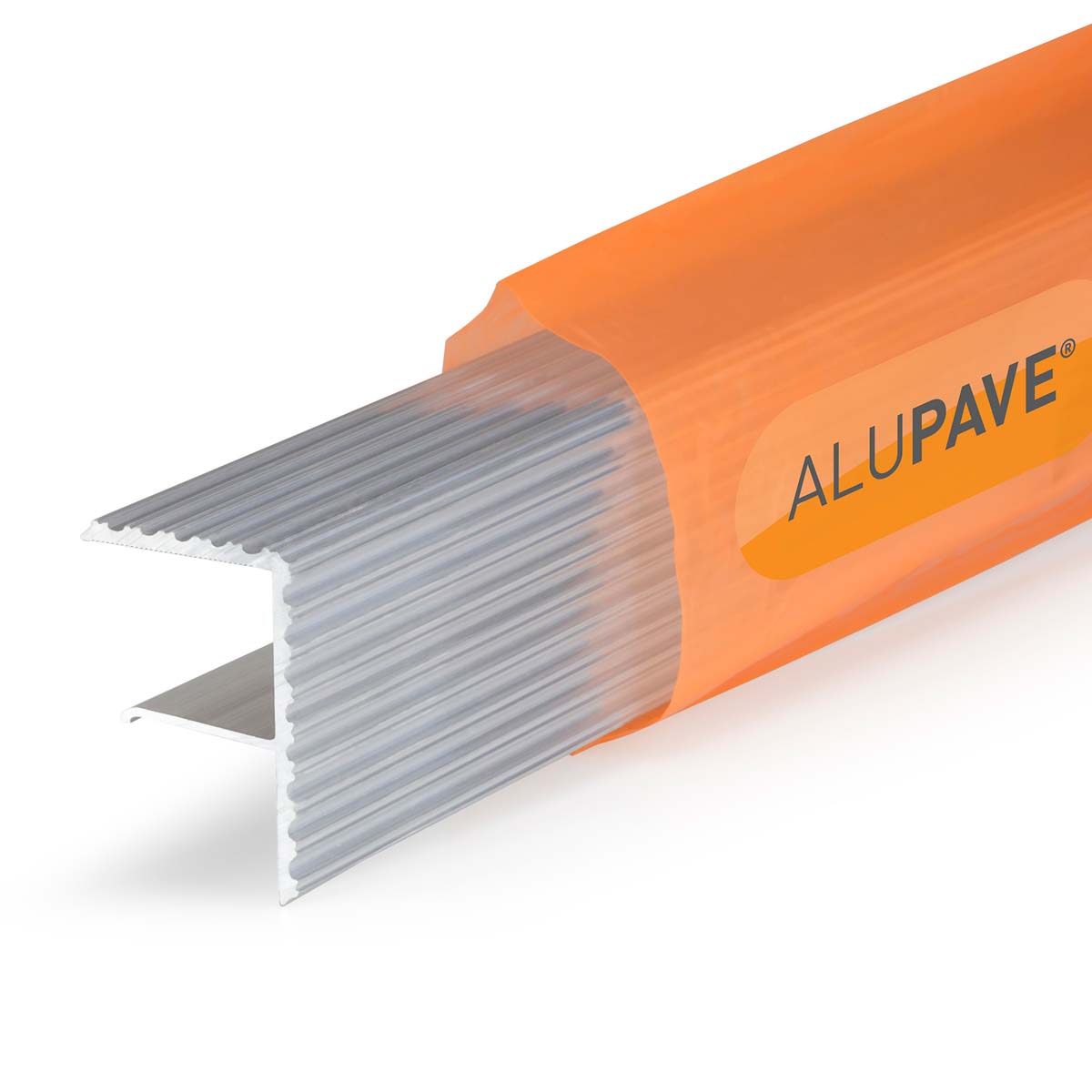 Alupave Fireproof Decking Board Endstop Bar in orange and silver, featuring a textured surface and a 6-meter length, designed for durability and safety in outdoor applications.
