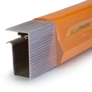 Alupave Fireproof Flat Roof and Decking Side Gutter Mill in metallic silver with an orange protective cover, featuring a rectangular profile for efficient water drainage.