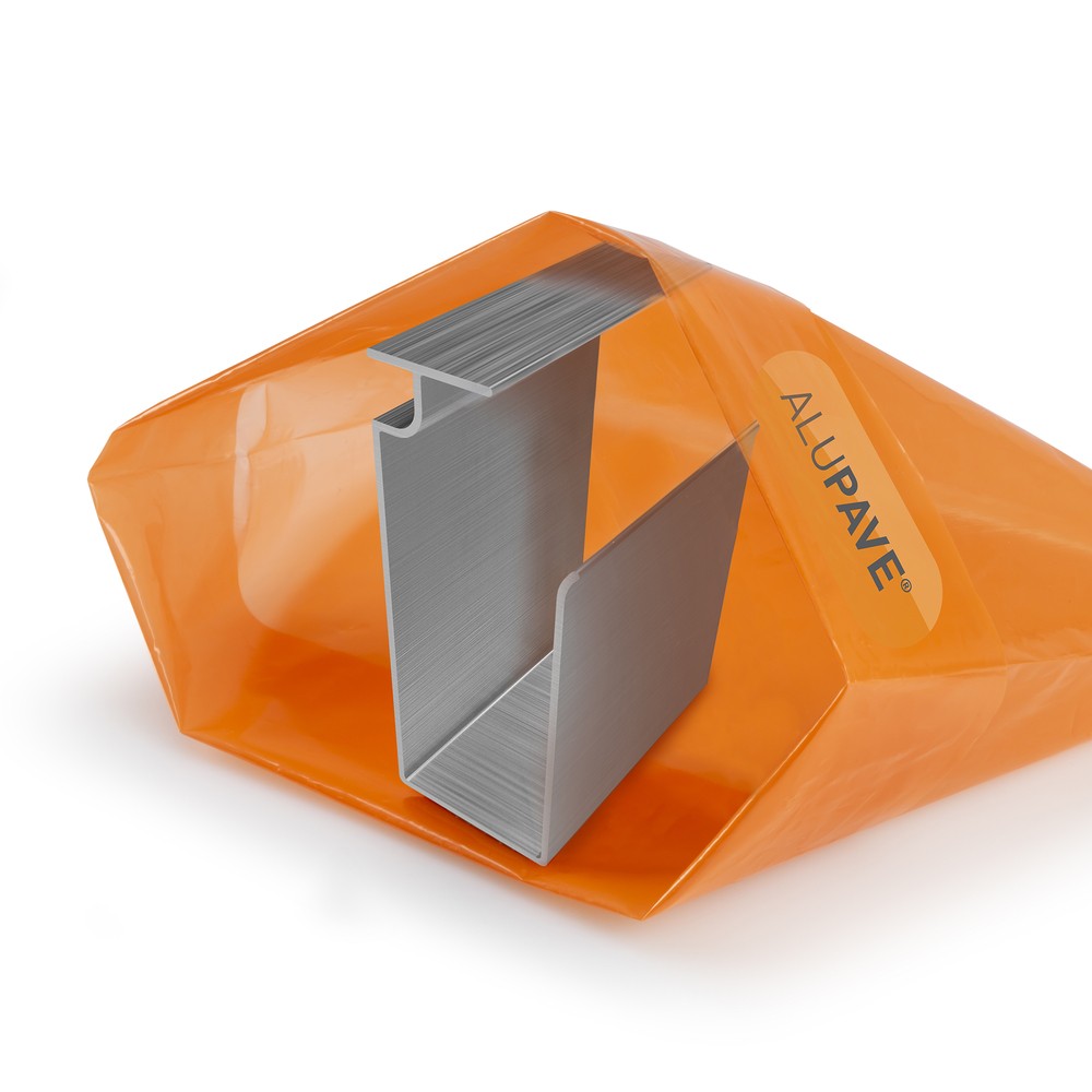 Alupave Gutter Internal Straight Connector in mill finish, featuring a sleek, silver aluminum design with a distinctive orange packaging.