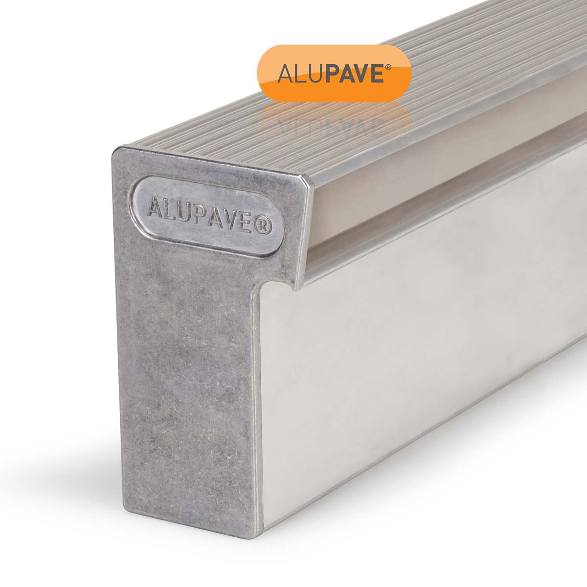 Left-hand mill finish gutter endcap made of aluminum, featuring a sleek, silver-grey surface and the embossed "ALUPAVE" logo on the side.