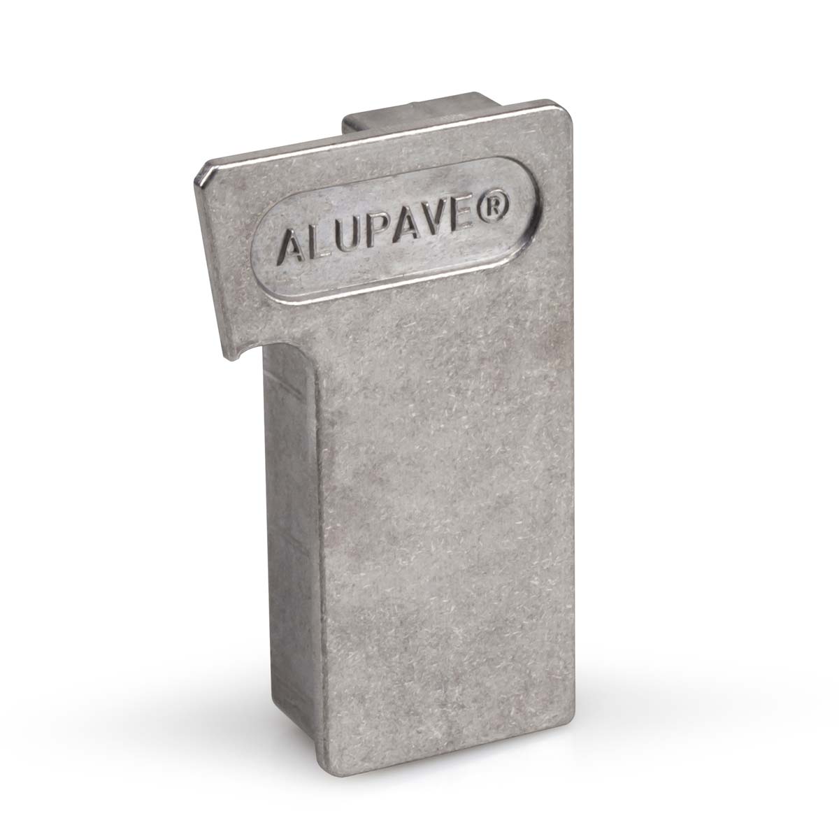 Silver aluminum gutter endcap with a rectangular shape, featuring the embossed "ALUPAVE" logo on the front and a right-hand orientation for seamless installation.