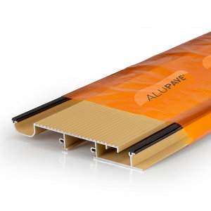 Alupave Fireproof Full-Seal Flat Roof and Decking Board in orange and beige, featuring a textured surface and interlocking edges for secure installation.