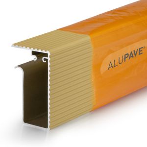 Fireproof flat roof and decking side gutter in a 3m length, featuring a metallic silver interior and a textured orange exterior with "ALUPAVE" branding.