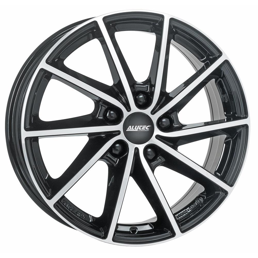 Alutec Singa alloy wheel featuring a black gloss and polished finish, 18x7.5 inch size, 5x108 PCD, ET55, with a diamond cut design and visible logo.