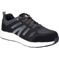 Black Amblers safety trainer with white sole, lace-up front, and mesh detailing.