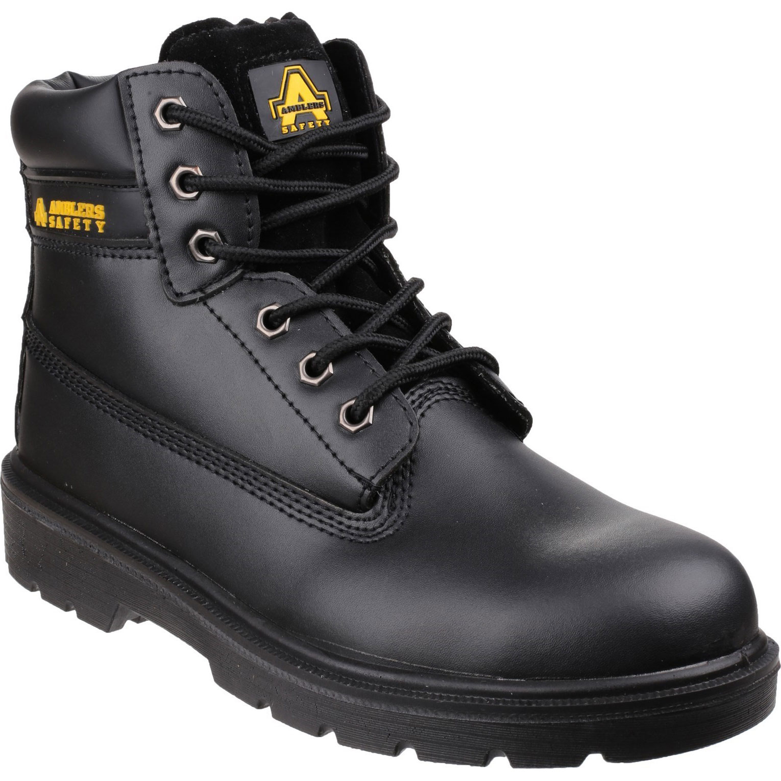 Black Amblers Safety FS112 safety boots in size 10.5, featuring a sturdy leather upper, lace-up design, padded collar, and a durable rubber sole.