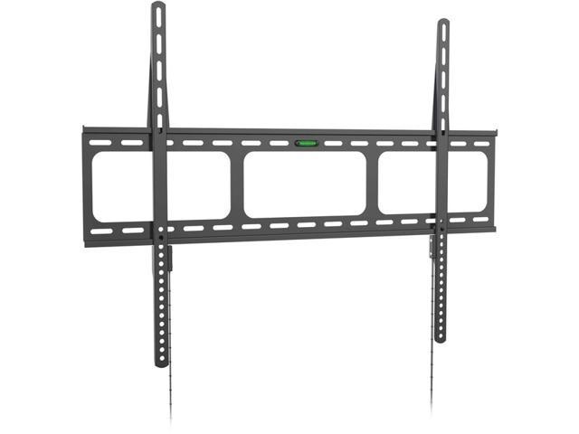 Fixed flat panel wall mount in black metal, featuring a level indicator and adjustable brackets, designed to support up to 60kg, ideal for mounting TVs securely.