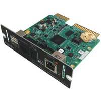APC NMC4 network management card with green circuit board, black front panel, and multiple ports for UPS monitoring.