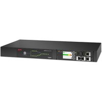 Black APC Netshelter rack switch, 1U, 10A, 230V, C14 input, 12 C13 outputs, LED indicators, network ports.