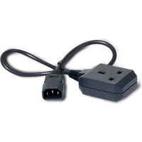 Black APC power cord, C14 to BS1363, 0.6m length, with rectangular UK plug and three-pin connector.