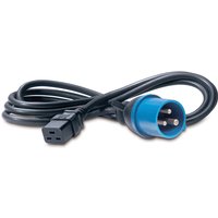 Black APC power cord, C19 to blue IEC309 16A connector, 2.5m length, coiled with three-pin plug.
