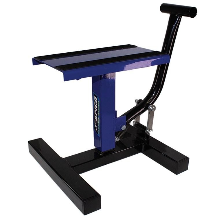 Blue Apico Factory Lift Paddock Stand with a sturdy black base, featuring a flat platform for lifting, a handle for easy maneuvering, and a robust metal construction.