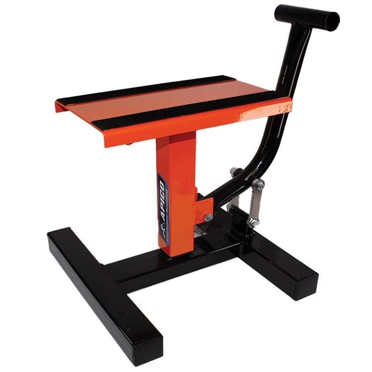 Orange metal paddock stand with a flat top surface, black rubber grip, and a sturdy black base, designed for lifting motorcycles.