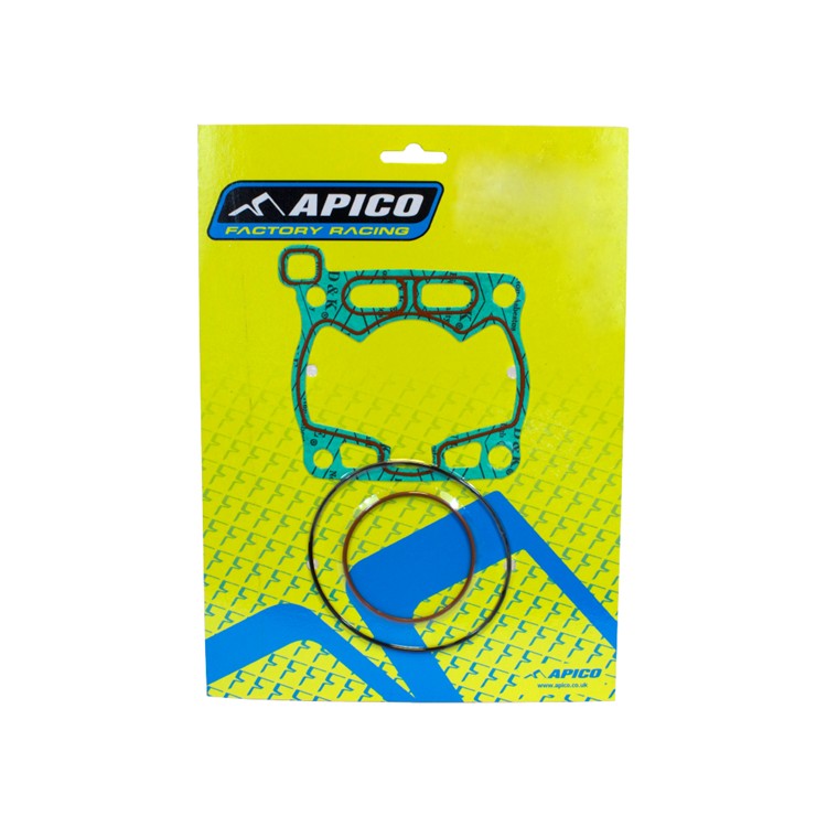 Apico Head & Base Gasket Kit for Suzuki RM85, featuring a turquoise gasket with a distinct shape and a red O-ring, displayed on a bright yellow backing with blue accents.