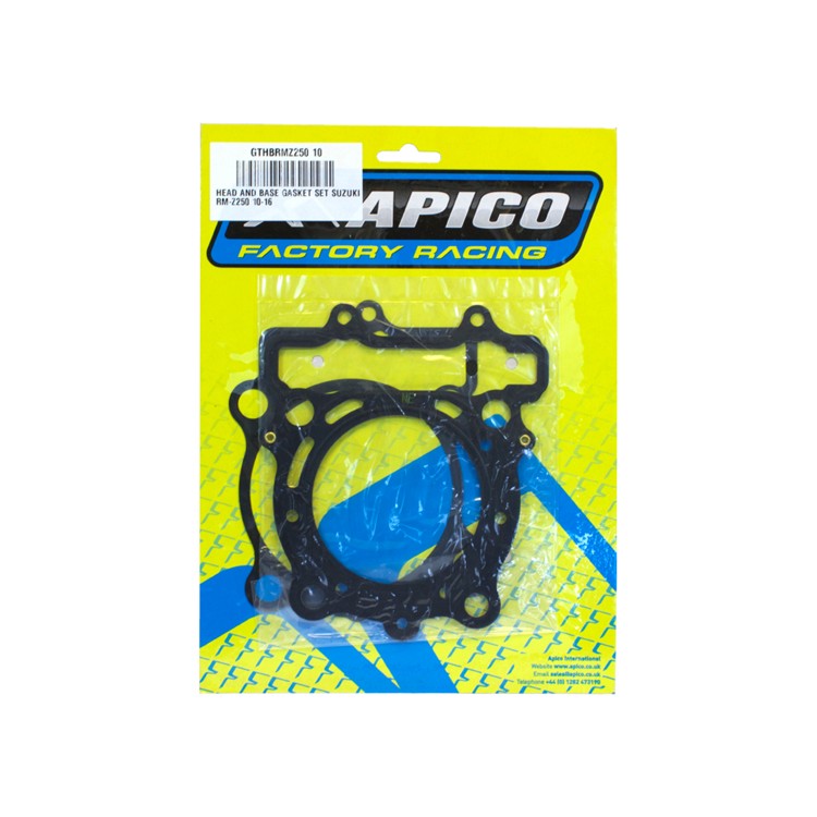 Black gasket kit for Suzuki RMZ250 (2010-2024) by Apico, featuring multiple gasket shapes, packaged on a bright yellow background with "Apico Factory Racing" branding.