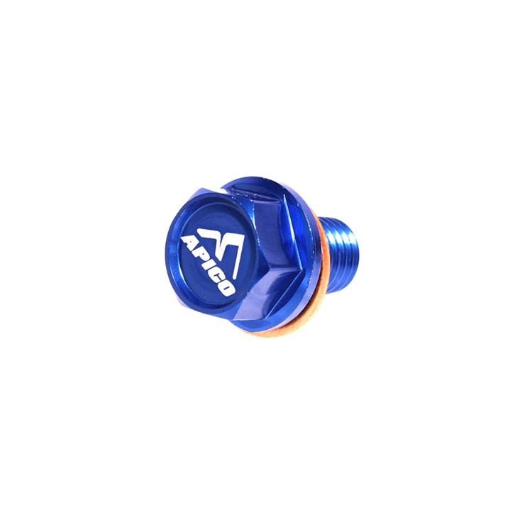 Blue aluminum magnetic sump drain bolt with a hexagonal head, featuring an engraved logo, and a copper washer for sealing, designed for Kawasaki KX65 and KXF250 models.