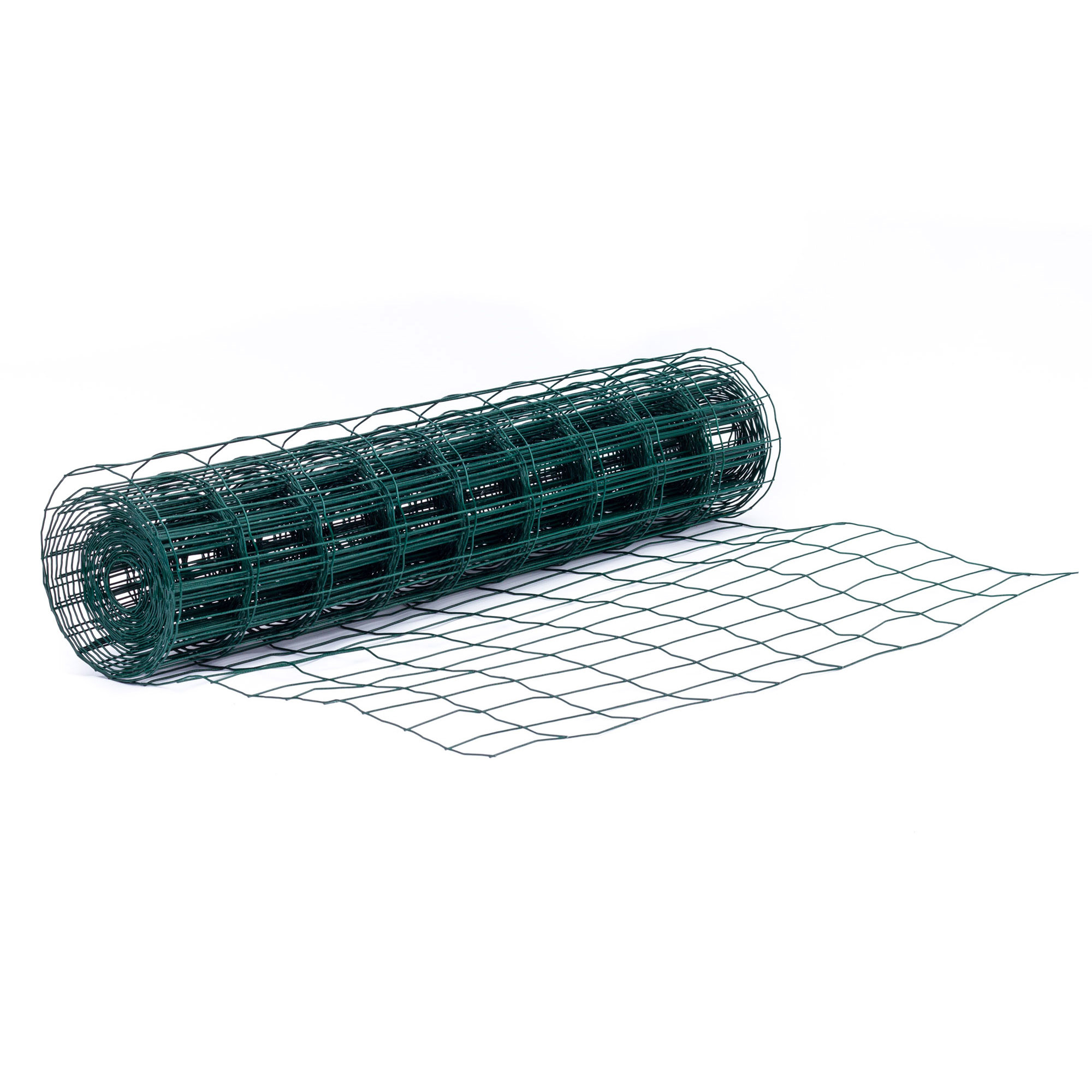 Green wire garden border fence rolled up, measuring 10m x 0.9m, featuring a grid pattern for durability and easy installation in landscaping projects.