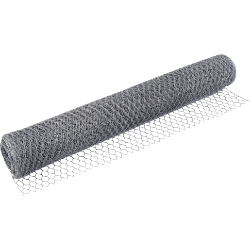 Galvanised hexagonal netting roll measuring 600mm x 10m, featuring a grey metallic finish with 13mm hexagonal openings, ideal for gardening and fencing applications.