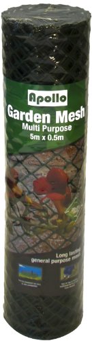 Black diamond-patterned garden mesh roll, measuring 5m x 0.5m, featuring a green label with "Apollo Garden Mesh" and details about its multi-purpose use.